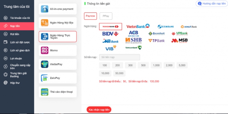 Sử dụng dịch vụ Banking online để nạp tiền 7Ball 